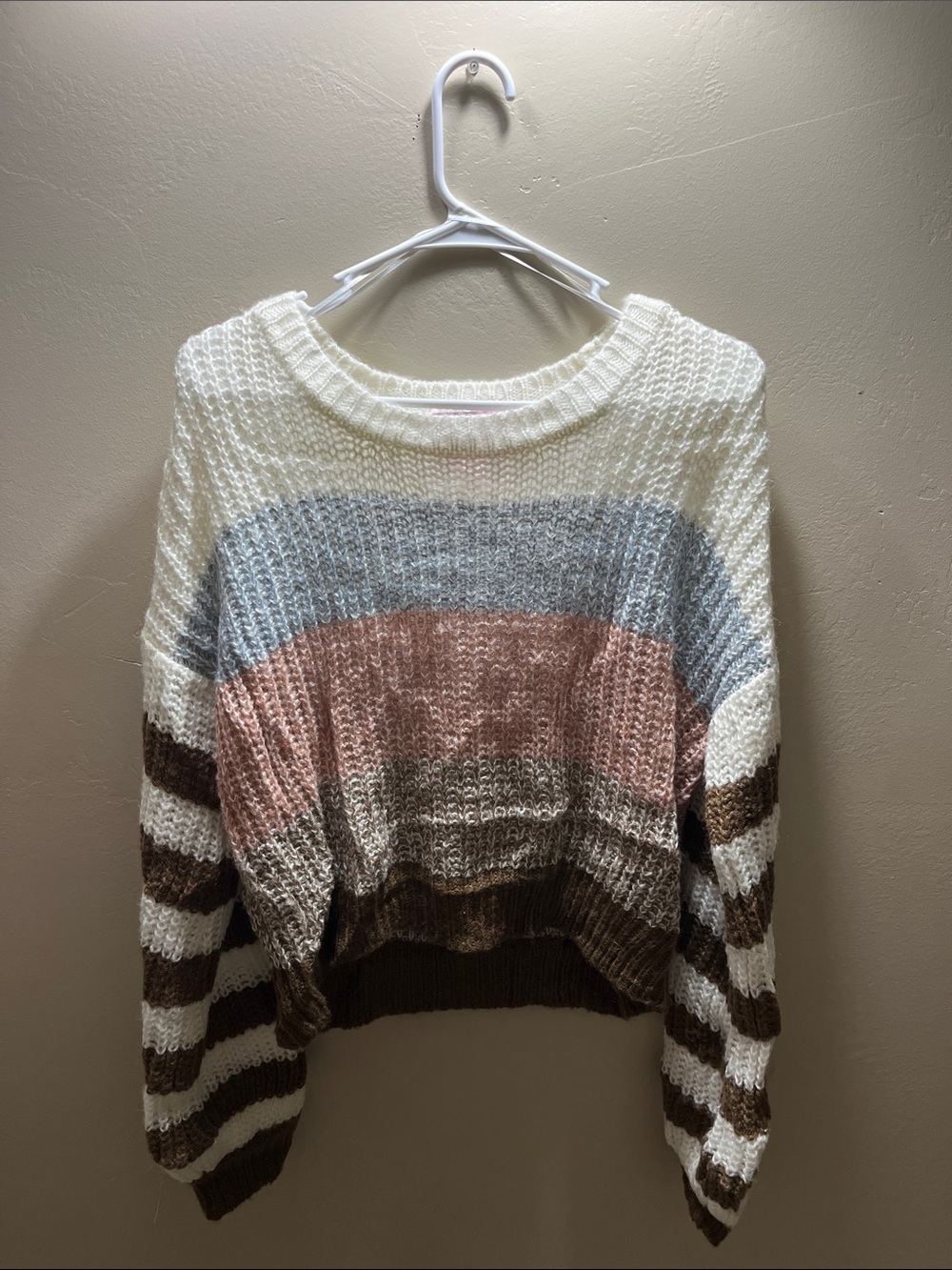 Striped Knit Scoop-Neck Sweater — Cream, Blue, Pink, Brown